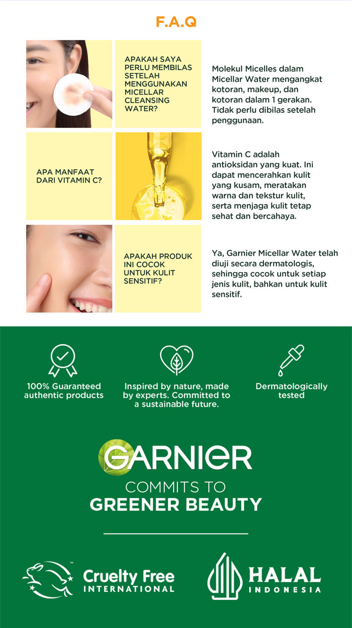 GARNIER Micellar Water Vitamin C Skin Care 125ml 400ml Skincare Cleansing - Pembersih Wajah & Make up untuk Kulit Kusam Micellar Cleansing Water
