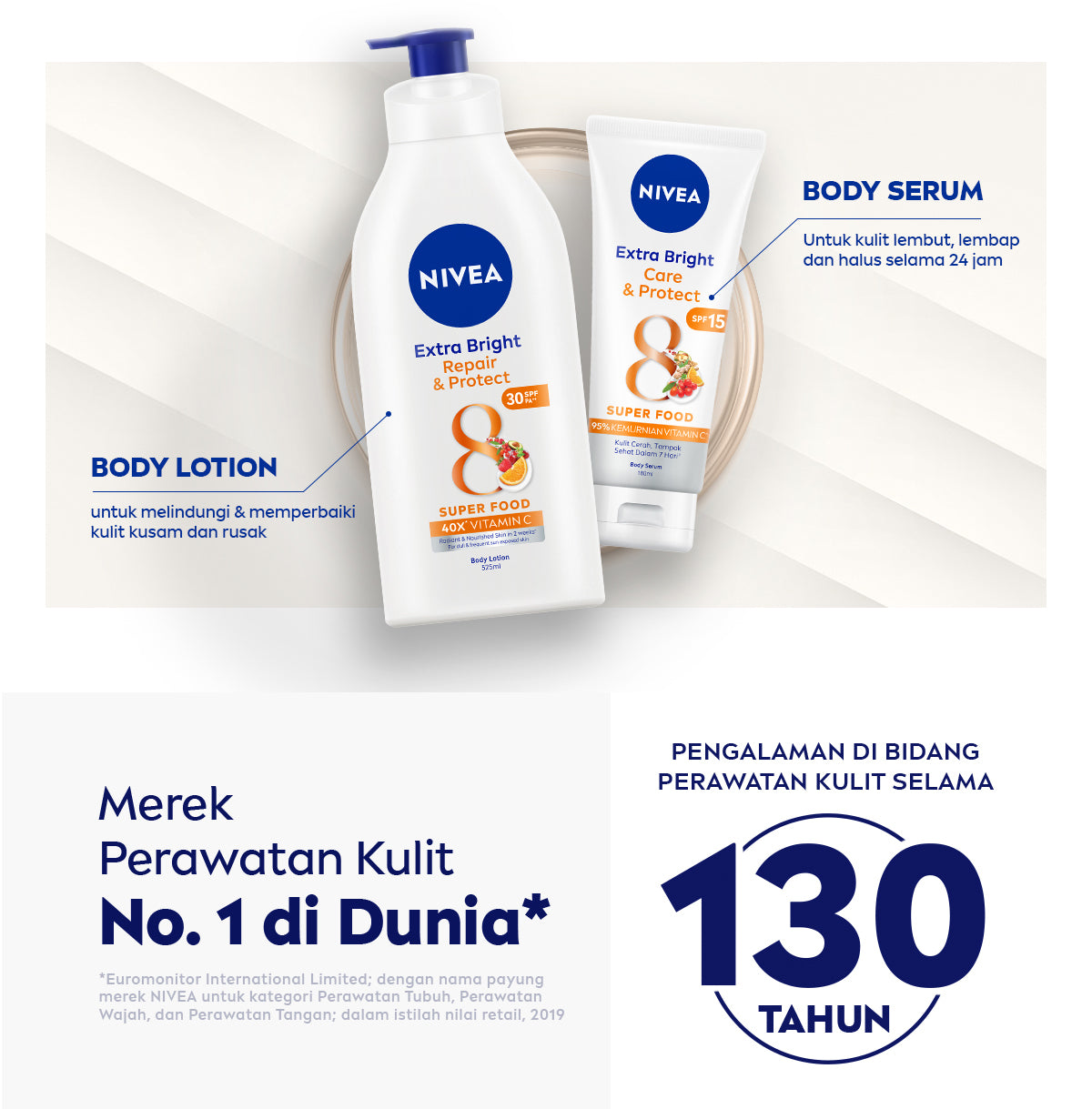 NIVEA Body Serum Extra Bright Care & Protect SPF 15 180ml - Hand body serum lotion moisturizer mencerahkan kulit kusam badan glowing brightening tone up melembabkan kering SPF UV matahari sunscreen - 95% Vitamin C, Grapeseed Oil, 8 Super food