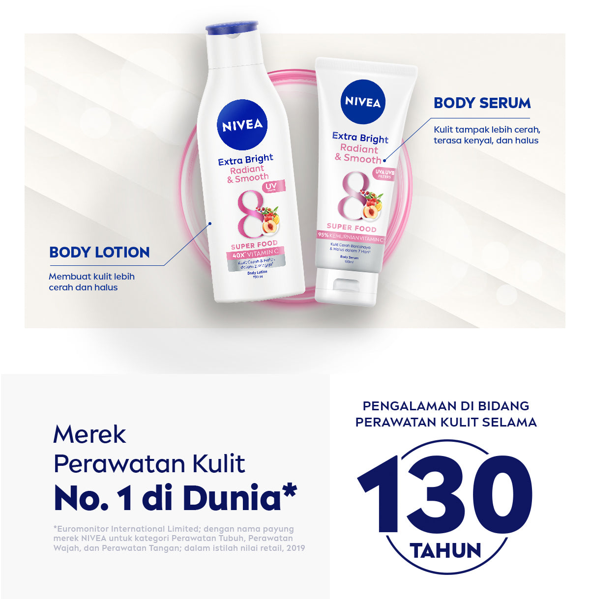 NIVEA Body Serum Extra Bright Radiant & Smooth UV Filter 180ml - Hand body serum lotion moisturizer mencerahkan kulit kusam halus lembut badan glowing brightening tone up serum melembabkan kulit kering - 95% Vitamin C, UVA UVB Filter, 8 Super food