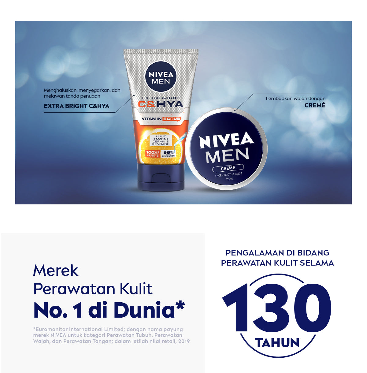 NIVEA MEN Vitamin Scrub Extra Bright C&HYA 100ml - Sabun cuci muka pria scrub mencerahkan mengangkat sel kulit mati brightening kulit kusam facial wash pembersih wajah cerah membersihkan pori pori polusi debu kotoran - Vitamin C, Hyaluronic acid