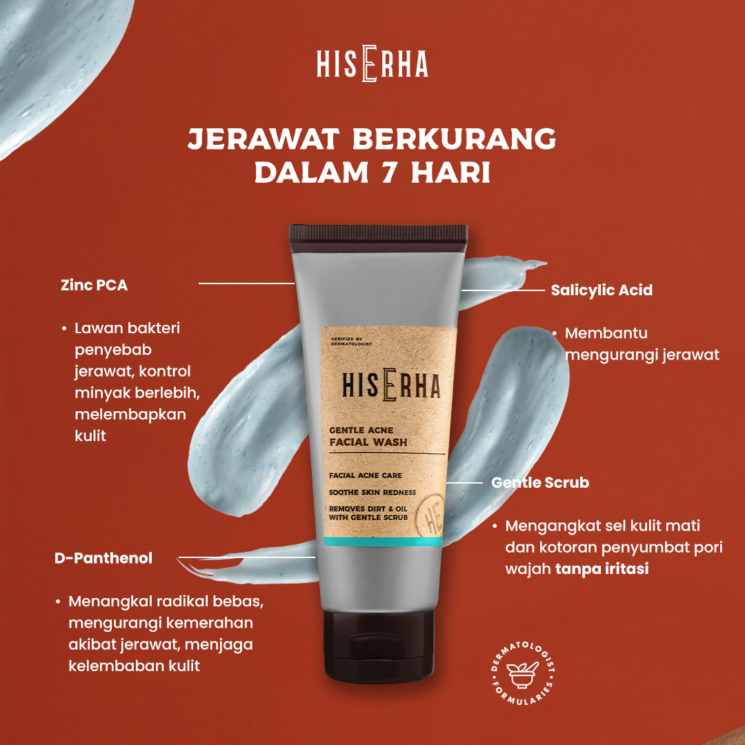 HIS ERHA Gentle Acne Facial Wash 100g - Sabun Cuci Muka Pria untuk Membantu Lawan Jerawat, Kontrol Minyak Berlebih, Lembap, Tanpa Rasa Ketarik, Tanpa Iritasi, Wangi Segar Maskulin, Verified by Dermatologist, Salicylic Acid, Zinc PCA, Gentle Scrub