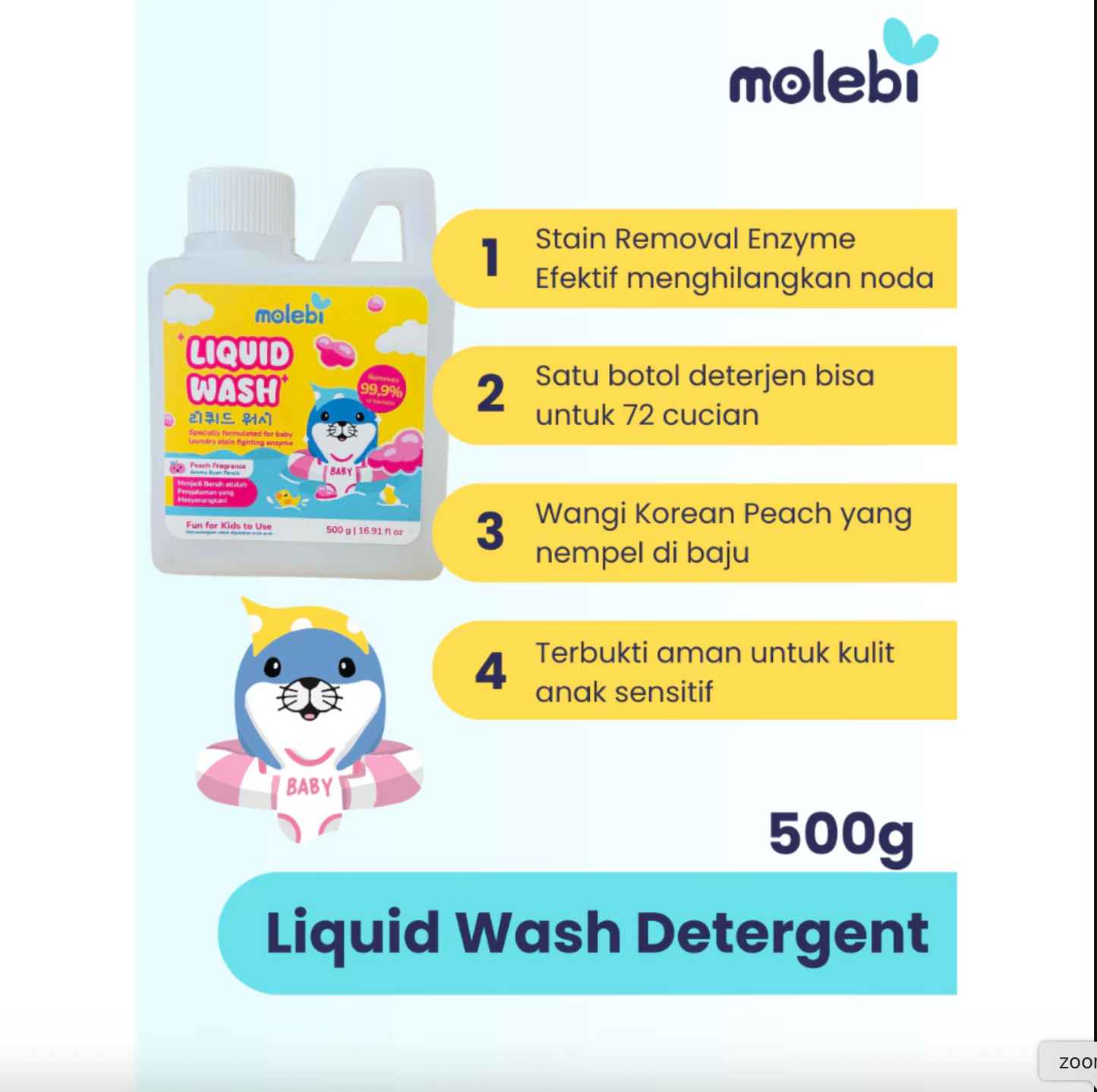 Molebi Detergen Baju Bayi / Liquid Wash Detergent 500g - Stain Fighting Enzyme, Lembut untuk Kulit Bayi