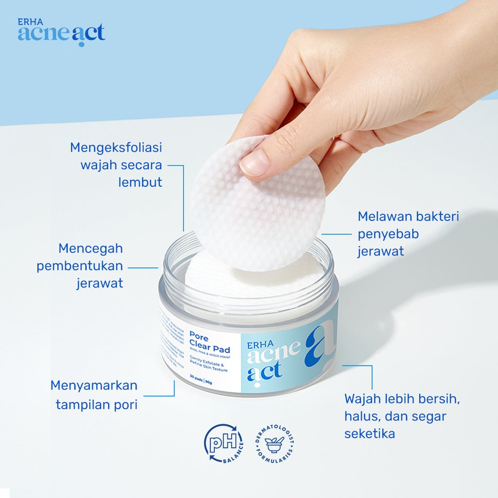 ERHA Acneact Pore Clear Pad 90g - Kapas Eksfoliasi Wajah Berjerawat | AHA, BHA, PHA