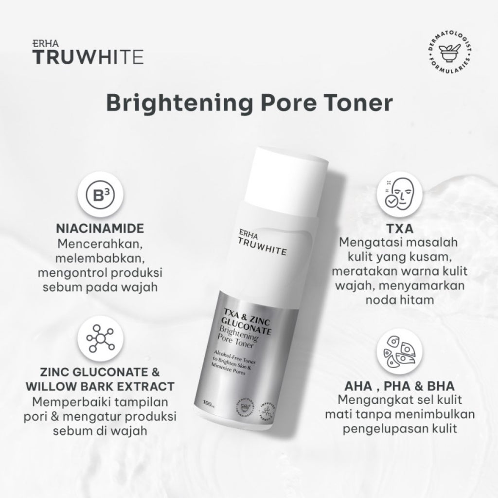 ERHA Truwhite Brightening Pore Toner 100 mL with 2% Zinc Gluconate, Tranexamic Acid & Niacinamide - Toner Pencerah Wajah yang Kuat serta Efektif Kecilkan & Samarkan Pori dengan AHA PHA dan Alkohol Free