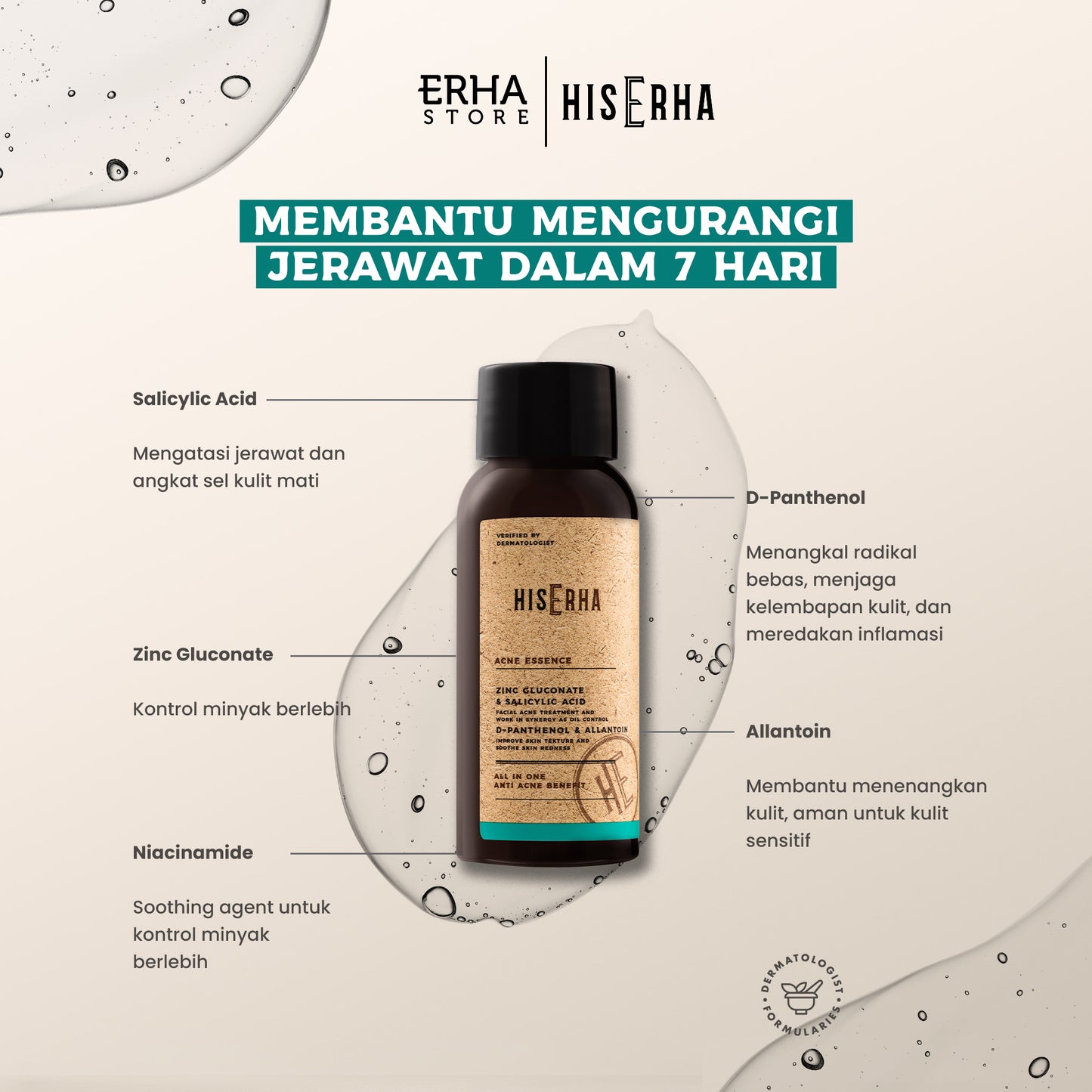 HIS ERHA Acne Essence All In One 60 ml - Serum Wajah Pria untuk Membantu Lawan Jerawat, Kontrol Minyak Berlebih, Wangi Segar Maskulin, Verified by Dermatologist, Zinc Gluconate, Salicylic Acid, Niacinamide, D-Panthenol, Allantoin