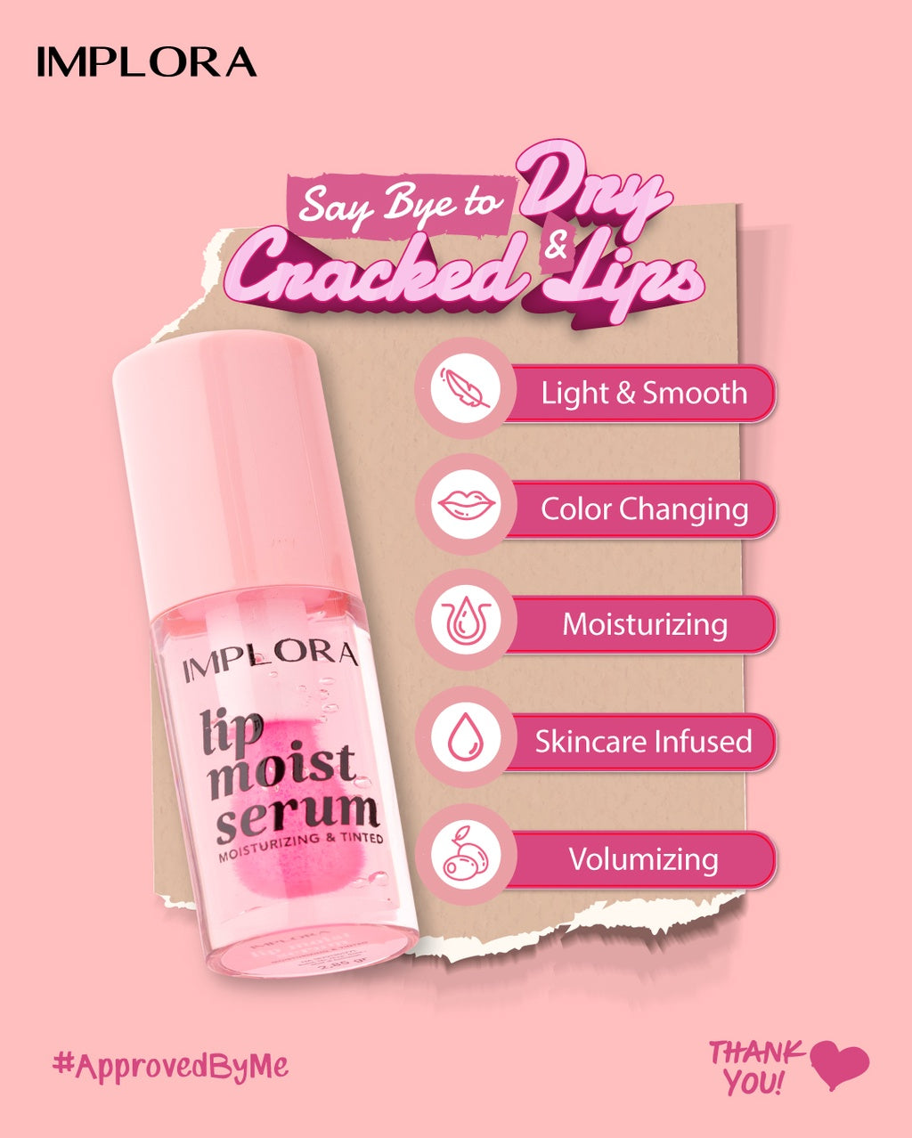 Implora Lip Moist Serum | Serum bibir dengan perona | Mengandung vitamin untuk bibir kering