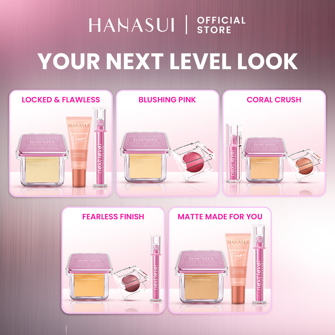 Hanasui Your Next Level Look – Bundle Makeup Lengkap & Tahan Lama Untuk Tampilan Flawless | Next Level Powder Foundation Primer Liplast Bouncy Blush Blurry Tint