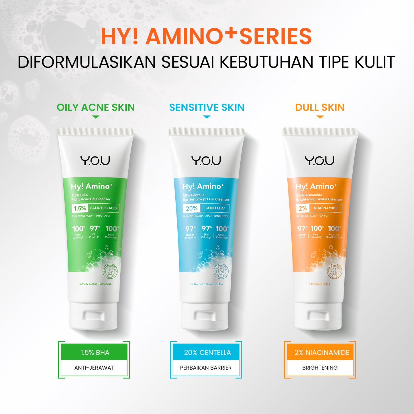 YOU Hy! Amino+ 1.5% BHA Fight Acne Gel Cleanser Amino Facial Wash Low pH Gentle Gel Salicylic Acid Acne Facial Wash Centella Sabun Pembersih Wajah Jerawat