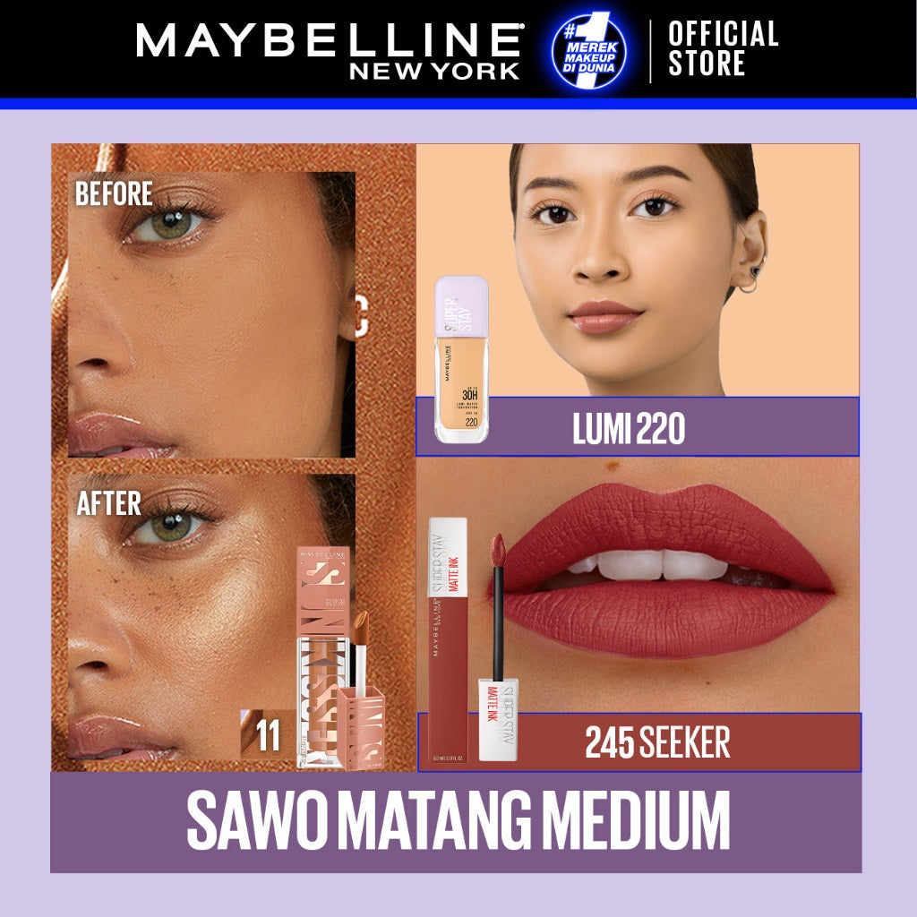 MAYBELLINE OFFICIAL Ramadan Gold Up Makeup Set : Superstay Lumi Matte FDT 120 + Sunkisser Liquid Blush Highlighter 11 + Superstay Matte Ink 245 SEEKER | Paket Makeup Full Coverage Ringan Foundation Cushion Powder Blush Liquid Blush Lipstick Matte