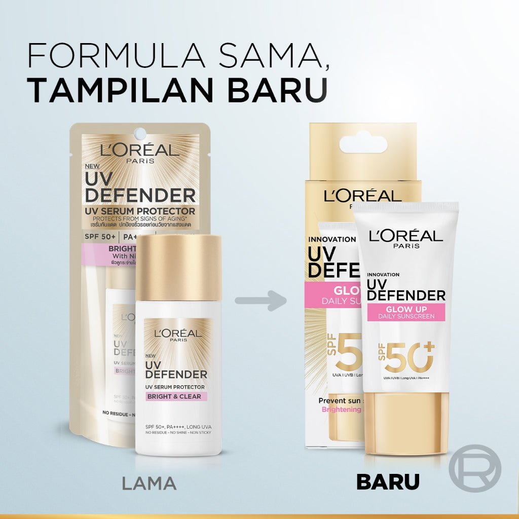 L'Oreal Paris UV Defender Serum Protector Sunscreen Glow Up SPF50+/PA++++ x2Pcs-Sunblock Loreal 50mlx2 Kulis kusam, garis halus, kulit kering, noda hitam, perlindungan sinar UV, UVA & UVB sunscreen, tabir surya, sunblock, spf, sun screen, anti aging