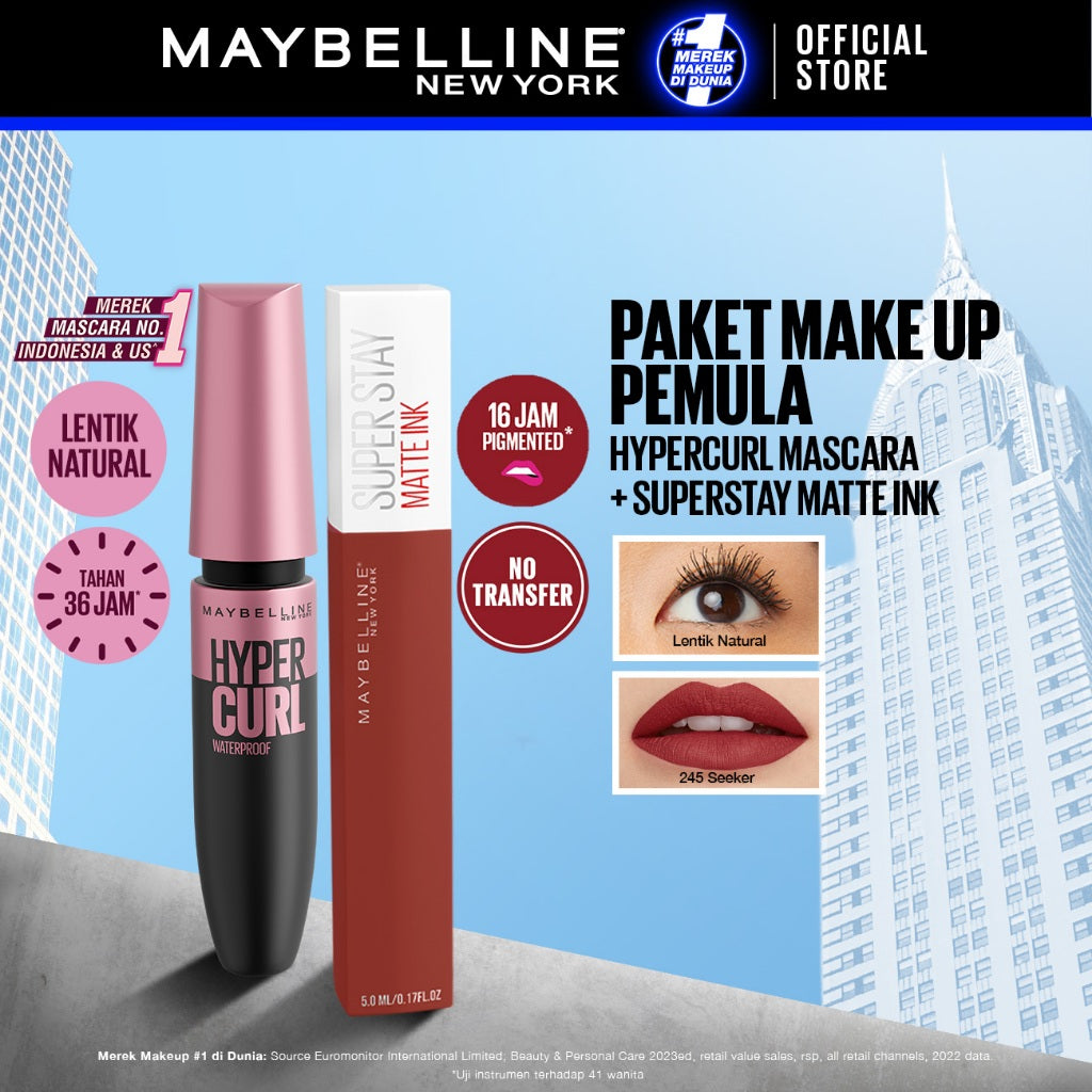 MAYBELLINE OFFICIAL Paket Makeup Anti Transfer Hypercurl Waterproof Mascara + Superstay Matte Ink | Paket Maskara Lipstick
