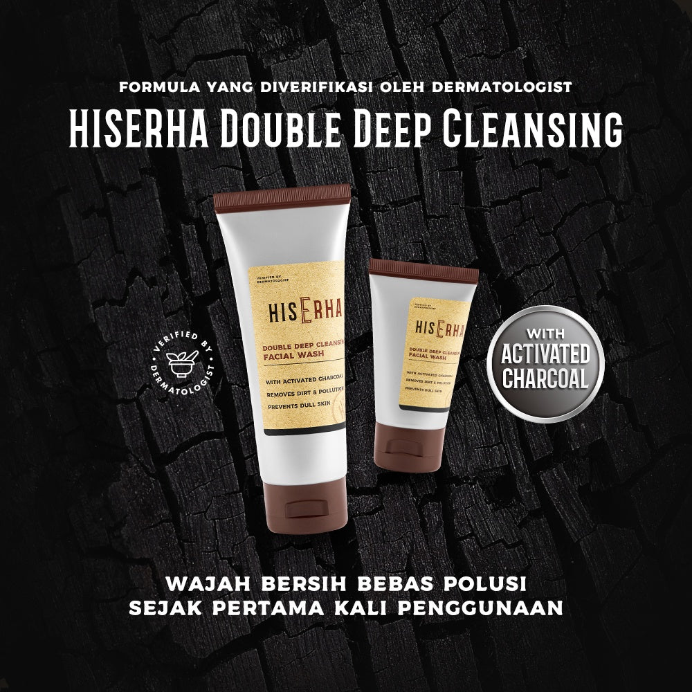 HIS ERHA Double Deep Cleansing Facial Wash 100gr - Sabun Cuci Muka Pria untuk Membersihkan Wajah Secara Mendalam, Angkat Kusam, Kotoran dan Polusi, Lembap, Tanpa Rasa Ketarik, Wangi Segar Maskulin, Verified by Dermatologist, Activated Charcoal, Kaolin