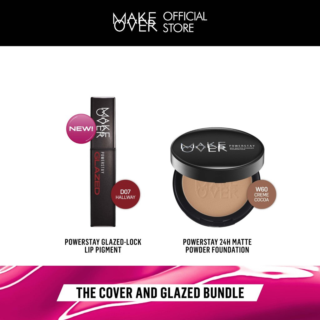 MAKE OVER The Powder and Glazed: Powerstay 24H Matte Powder Foundation + Powerstay Glazed Lock Lip Pigment - Paket Bedak Lip Cream Tahan Lama Pigmented Cover Flawless Ringan Oil Control BEST SELLER