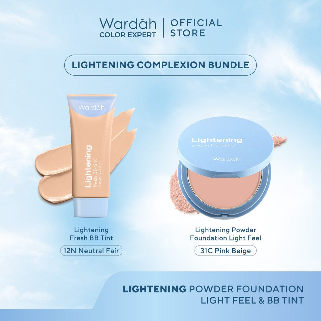 WARDAH Paket Lightening Powder Foundation Light Feel 12 g + Lightening Fresh BB Tint 30 ml - Makeup - Cocok dengan Cushion