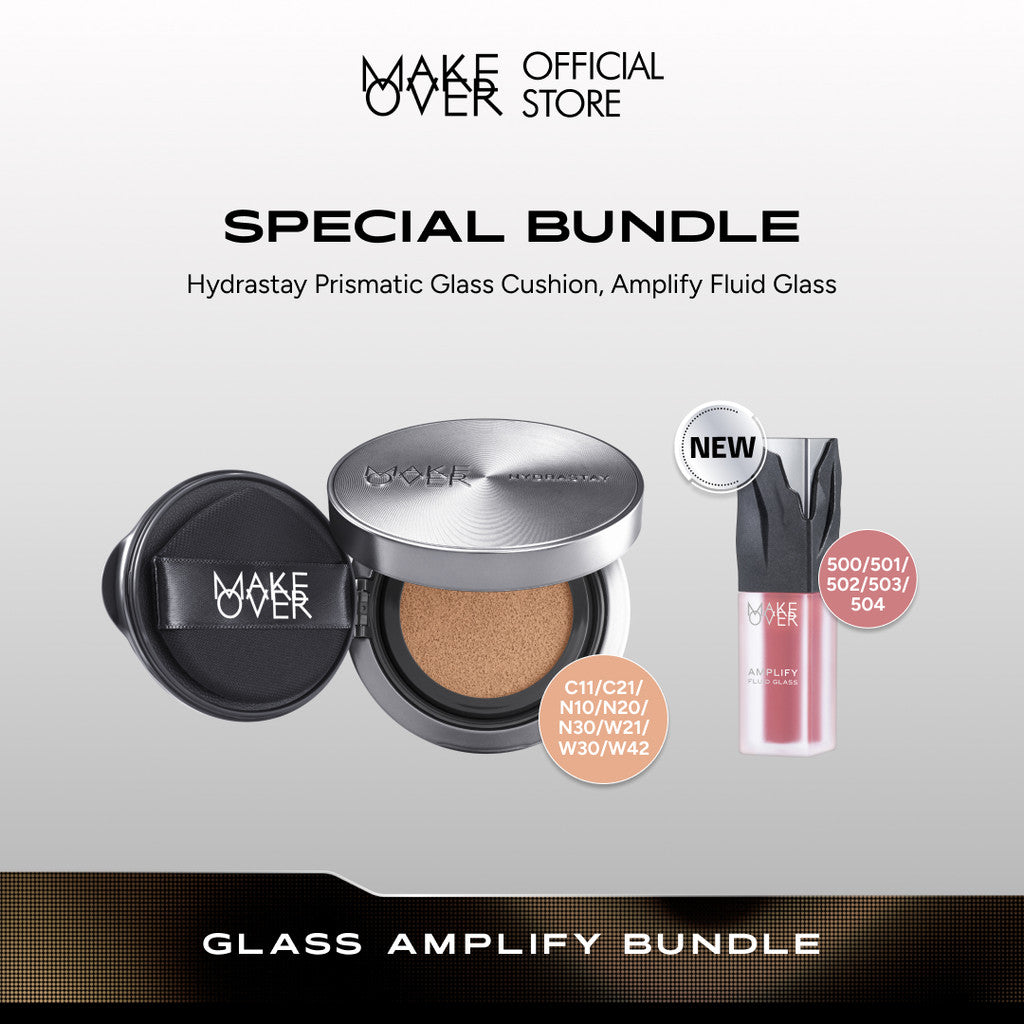 MAKE OVER Glass Amplify Bundle: NEW! Amplify Glass Fluid + Hydrastay Prismatic Glass Cushion - Paket Lengkap Lip Gloss dan Cushion Glowing Tahan Lama Pigmented