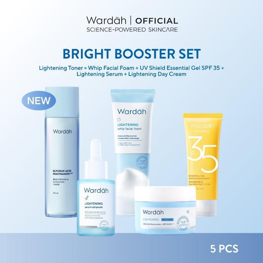 Wardah Bright Booster Set - 5 Pieces Complete Skincare Solution with Face Wash Toner Serum Moisturizer & Sunscreen for Clear Healthy Skin
