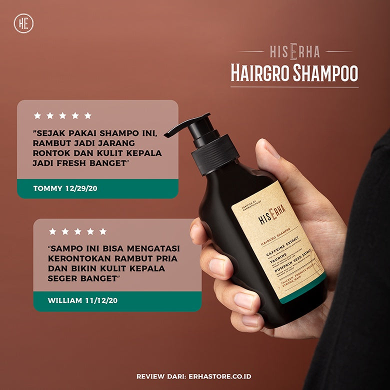 HIS ERHA Bundle Hairgro Series Shampoo 270ml + Tonic 60ml - Kombinasi Perawatan Rambut Rontok, Cegah Kebotakan,  Rambut Lebih Tebal/Lebat Khusus Pria, Wangi Segar Maskulin, Verified by Dermatologist, Biotin, Caffeine Extract, Taurine, Menthol