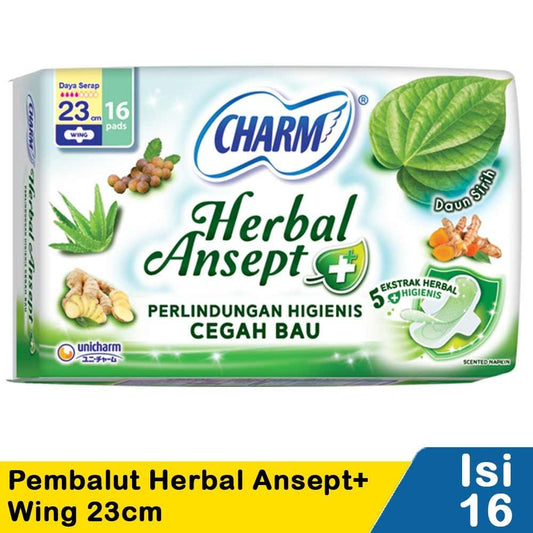 Charm Herbal Ansept+ 23cm Sanitary Pads – 16’s with Wings | Herbal Protection + Odor Control for Fresh & Natural Period Care