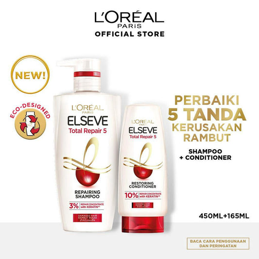 [PAKET HEMAT] L'Oreal Paris Elseve Total Repair 5 Repairing Shampoo 410ml dan Conditioner 155ml  Hair Care dengan Ceramide - Melawan dan Memperbaiki Tanda Rambut Rusak Paket Shampoo 410ml dan Conditioner 155ml Rambut Rusak Damage Hair Conditioner