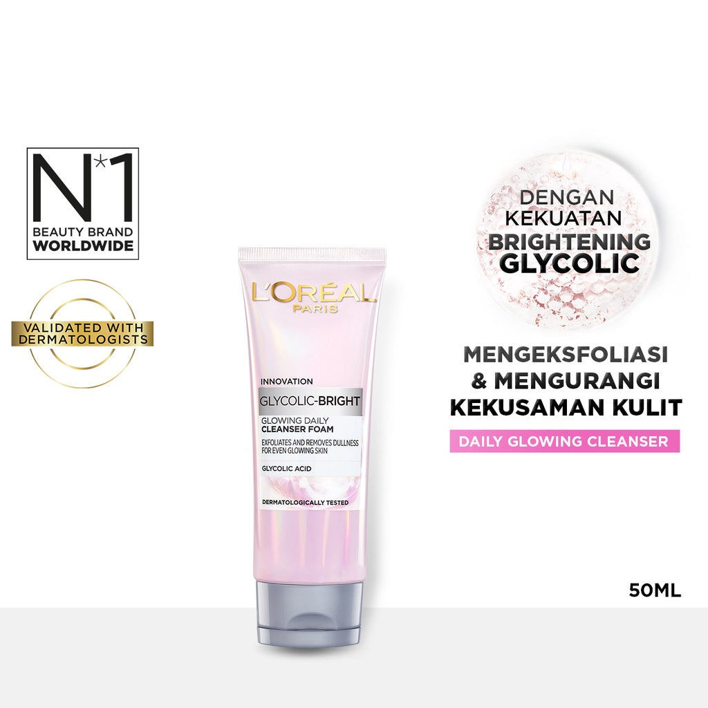 L’Oreal Paris Glycolic Bright Glowing 4 Pcs Skincare Kit Untuk Mencerahkan: Serum, Moisturizer, Facial Wash AHA Glycolic Acid Peeling Brightening Loreal