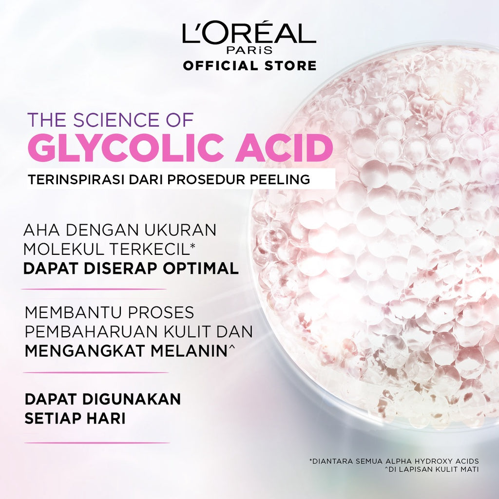 L’Oreal Paris Glycolic Bright Glowing 4 Pcs Skincare Kit Untuk Mencerahkan: Serum, Moisturizer, Facial Wash AHA Glycolic Acid Peeling Brightening Loreal