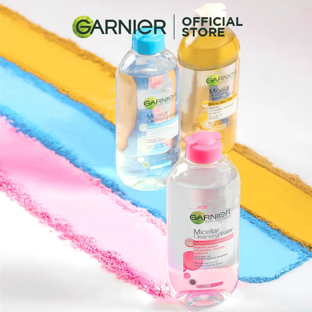 Garnier Micellar Water Pink & Oil Infused- 400 ml Twinpack - Pembersih Wajah & Makeup kulit sensitif | Gentle Cleanser/ No Rinse