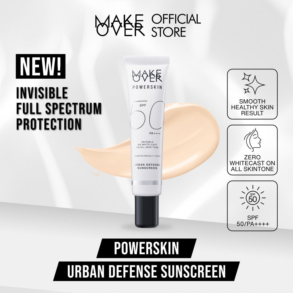 MAKE OVER Powerskin Urban Defense Sunscreen - Proteksi UVA UVB SPF50 PA++++ invisible tidak berwarna ringan tidak whitecast tidak flashback tidak lengket cocok semua warna kulit semua tipe make up