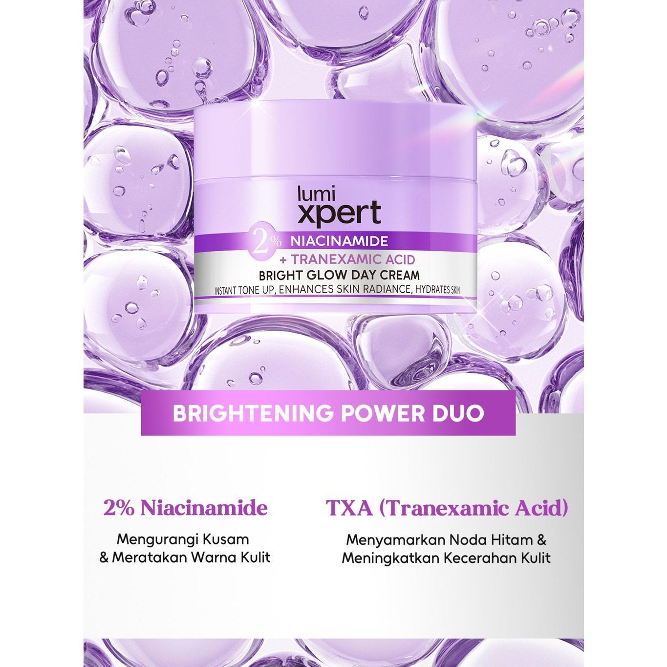 Lumixpert 2% Niacinamide Bright Glow Day Cream memberikan efek kecerahan instan seperti makeup  sekaligus manfaat brightening setara skincare