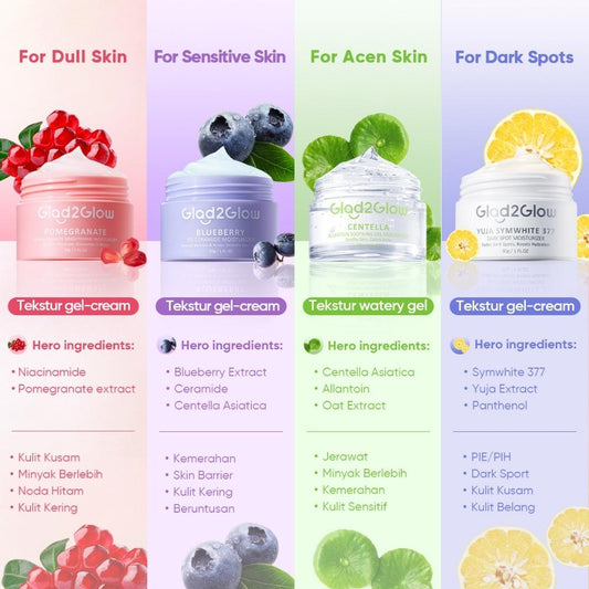 GLAD2GLOW All Series | Blueberry Moisturizer Cream, Pomegranate Cleanser, Volcano Acne Clay Stick | Complete Skincare for Fresh & Healthy Skin | Variants No. 15-35