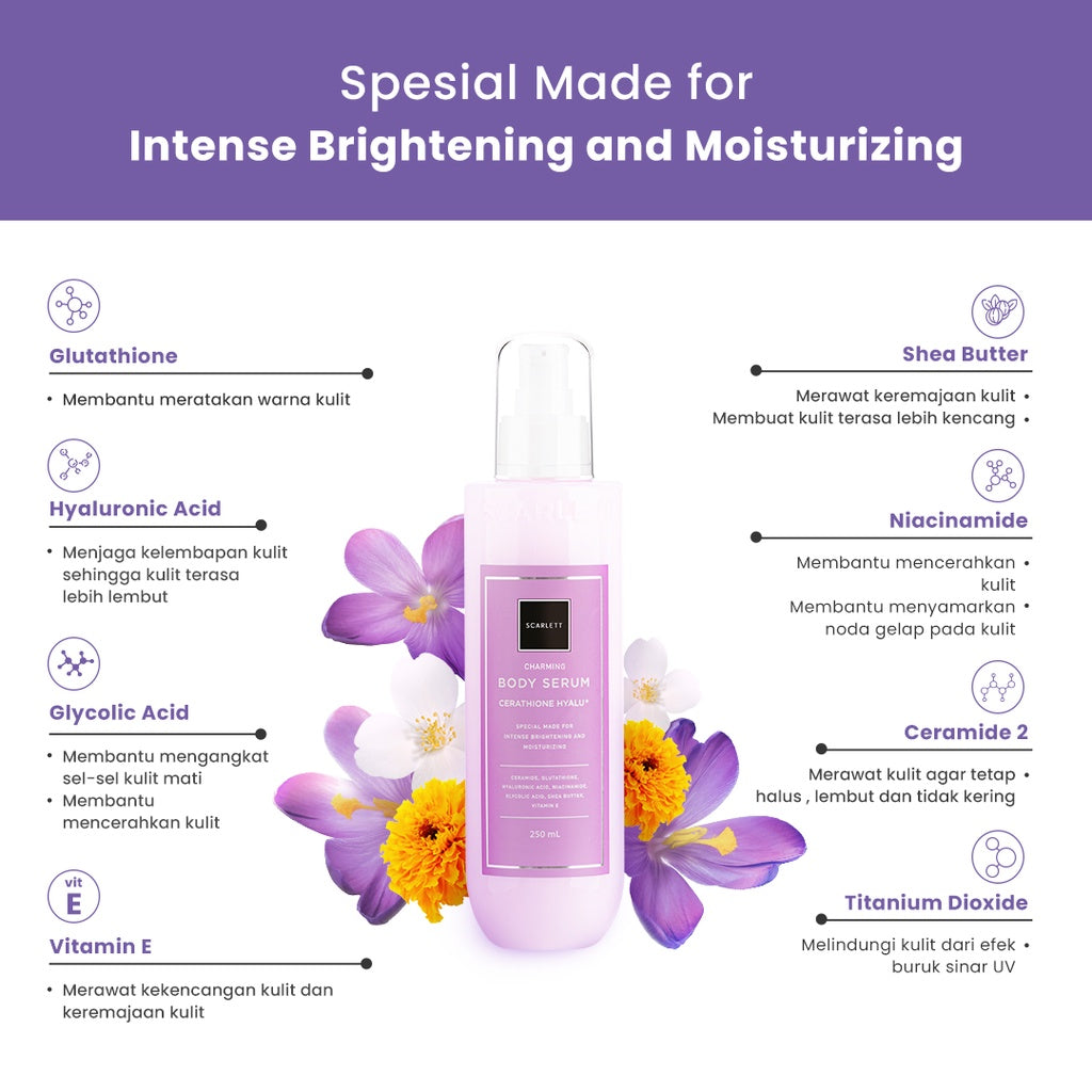 Scarlett Whitening Charming Body Serum - Serum Badan dengan Aroma Wangi Mewah untuk Mencerahkan Melembabkan Menutrisi Kulit ||  Efektif Meratakan Kulit Belang & Pemutih Kulit