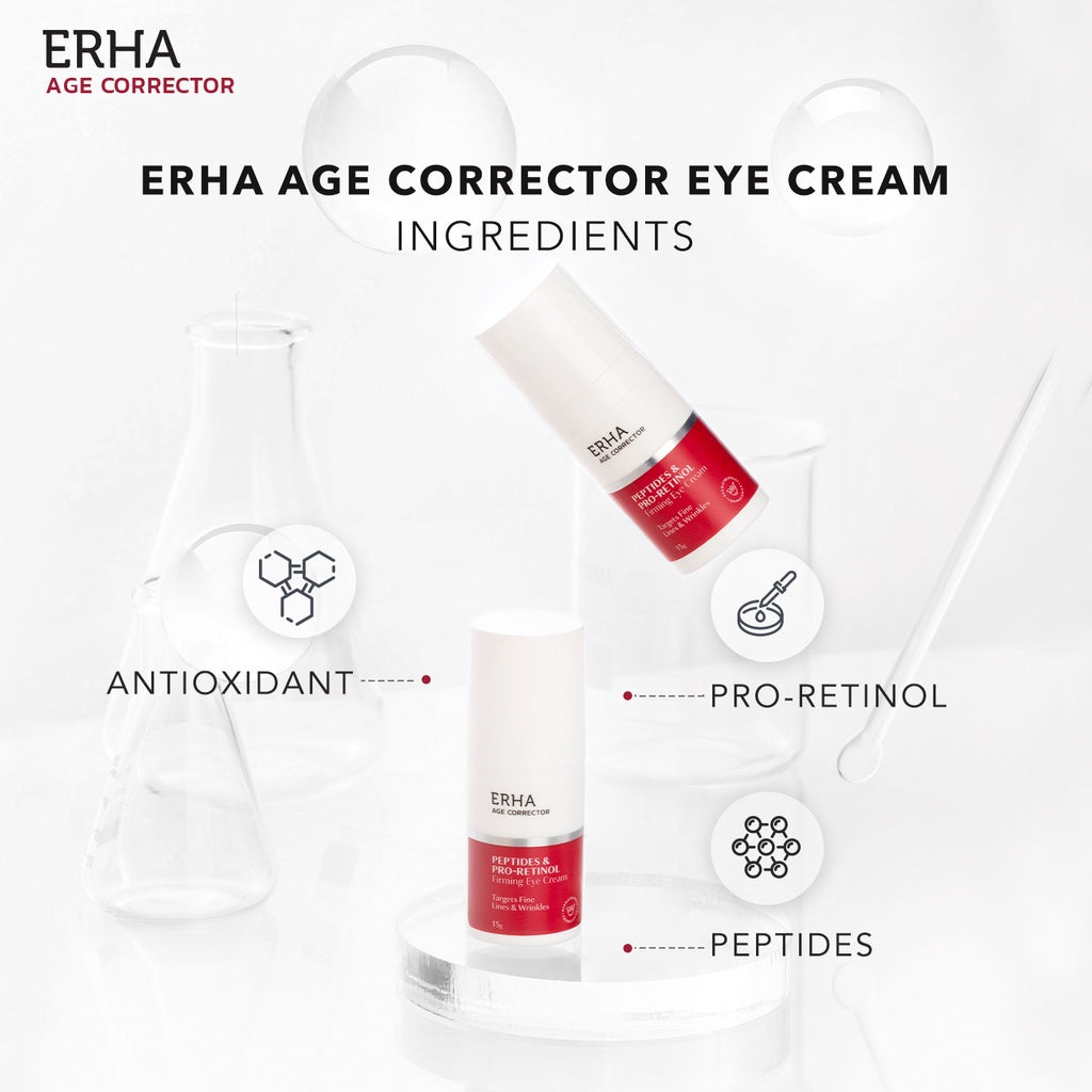ERHA Age Corrector Peptides & Pro-Retinol Firming Eye Cream 15g - Krim Mata Anti Aging | Menyamarkan Garis Halus Keriput Kerutan Kantong Mata | Mencerahkan Mata Panda | Retinol