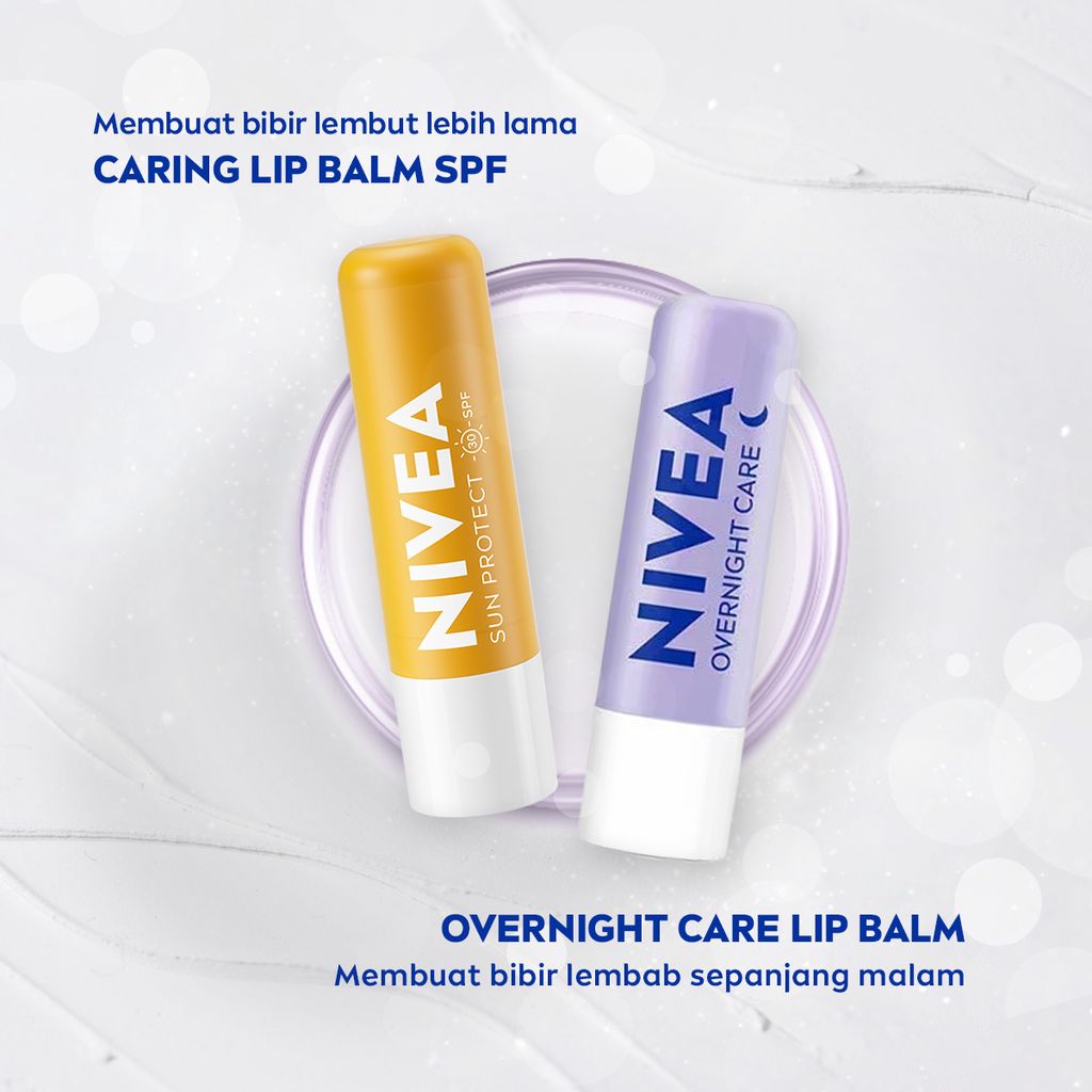 NIVEA Lip Balm Overnight Care 4.8gr - Pelembap bibir malam hari melembabkan plumpy kering pecah-pecah tahan lama melindungi bibir natural intensif lembap tidak lengket tidak berminyak glossy - Lavender Essential Oil, Shea Butter