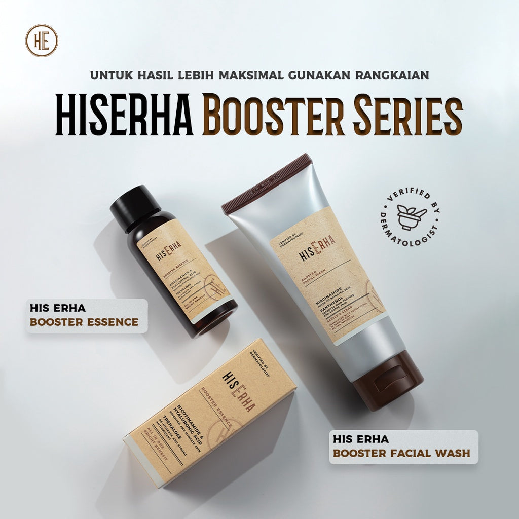 HIS ERHA Booster Essence All In One 60ml - Serum Wajah Pria untuk Mencerahkan, Angkat Kusam, Melembapkan, Meratakan Warna Kulit, Wangi Segar Maskulin, Verified by Dermatologist, Niacinamide, Hyaluronic Acid, Trehalose