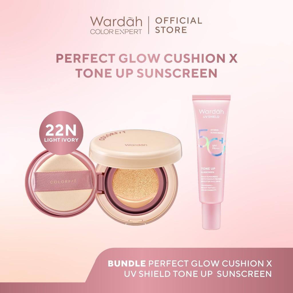 WARDAH UV Shield Tone Up Sunscreen SPF 50+ PA+++ (30ml) + Colorfit Perfect Glow Cushion 15g | 5D Blur Cloud Cushion | Brightening Daily Skincare & Makeup Set