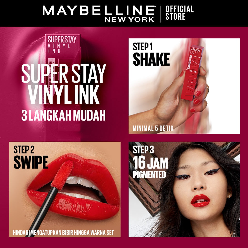 Maybelline Paket Makeup Sky High Mascara + Superstay Vinyl Ink Lippy | Bundle hemat lipstik maskara Lipstick transferproof Tahan Lama