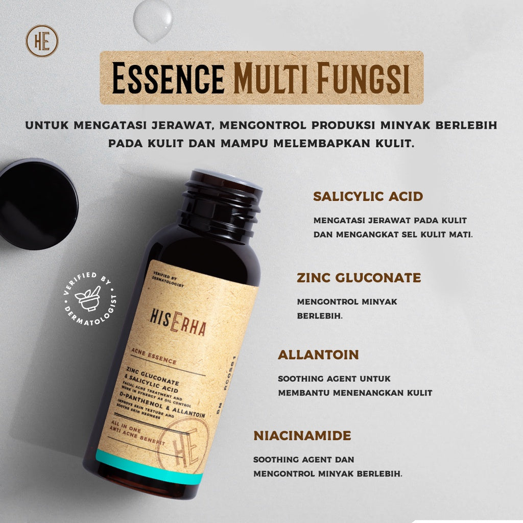 HIS ERHA Acne Essence All In One 60 ml - Serum Wajah Pria untuk Membantu Lawan Jerawat, Kontrol Minyak Berlebih, Wangi Segar Maskulin, Verified by Dermatologist, Zinc Gluconate, Salicylic Acid, Niacinamide, D-Panthenol, Allantoin