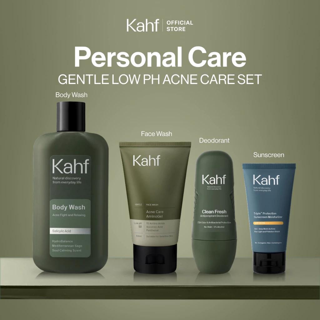 Kahf Personal Care 4-Piece Set: Gentle Low PH Acne Care Kit - Refreshing Set 1 for Active Men with Face Wash, Sunscreen, Body Wash & Deodorant