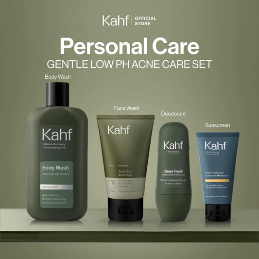 Kahf Personal Care 4-Piece Set: Gentle Low PH Acne Care Kit - Refreshing Set 1 for Active Men with Face Wash, Sunscreen, Body Wash & Deodorant
