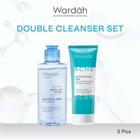 Wardah Double Cleanser Set | Micellar Water 100ml + Acnederm Gel Cleanser | Deep Cleansing for Acne-Prone Skin | Oil-Free | Gentle Daily Skincare