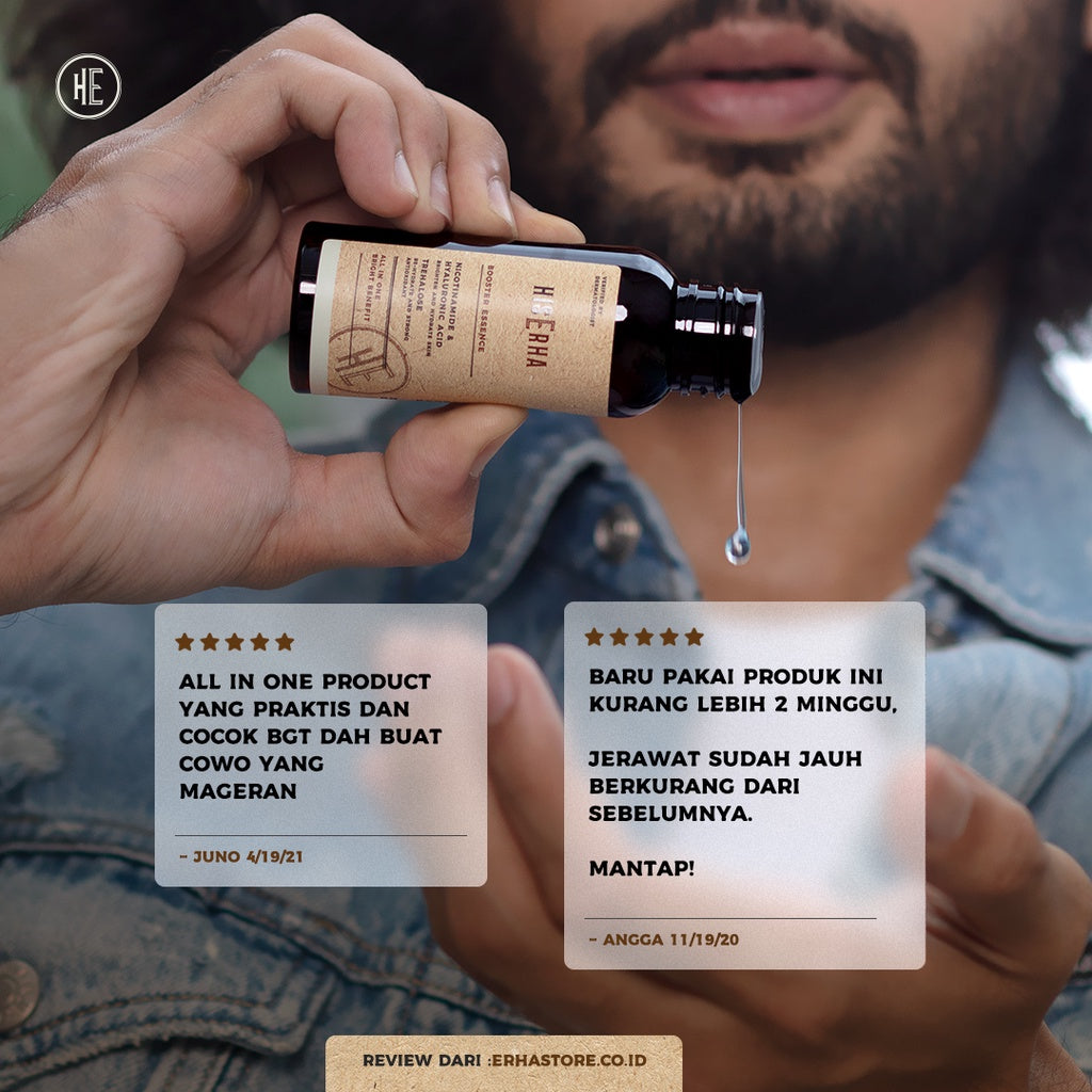 HIS ERHA Booster Essence All In One 60ml - Serum Wajah Pria untuk Mencerahkan, Angkat Kusam, Melembapkan, Meratakan Warna Kulit, Wangi Segar Maskulin, Verified by Dermatologist, Niacinamide, Hyaluronic Acid, Trehalose