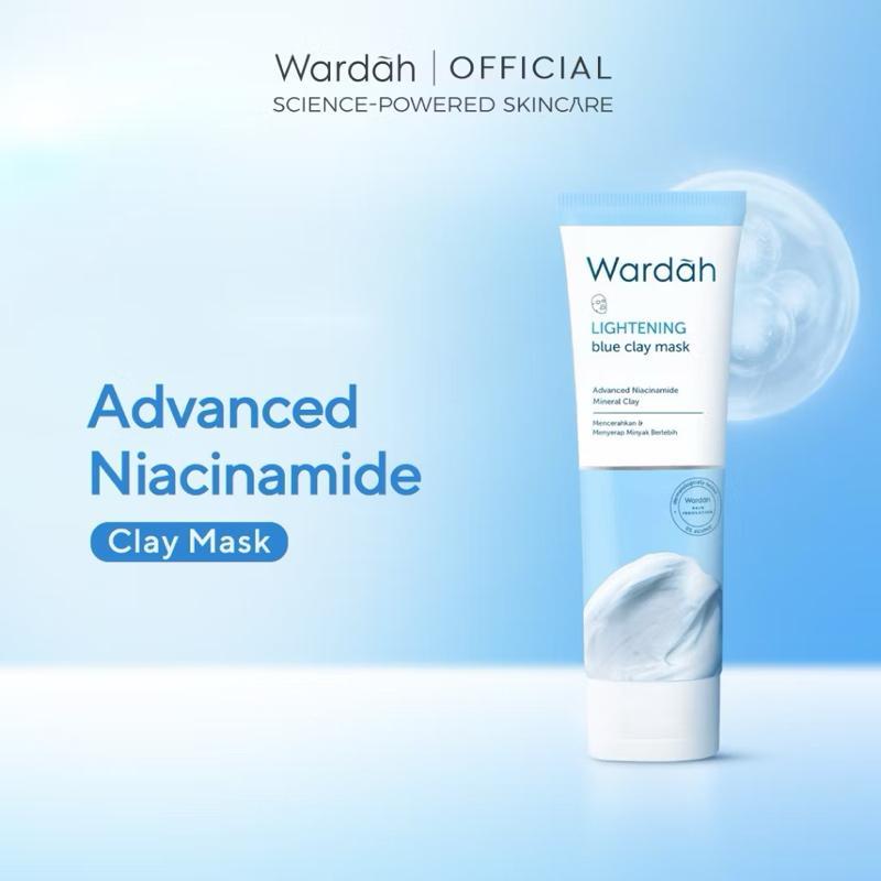 Wardah Lightening Blue Clay Mask 50g - Brightening Niacinamide & Kaolin Cooling Face Mask for All Skin Types
