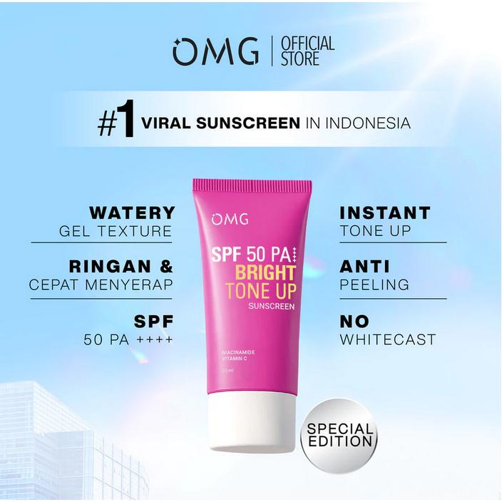 OMG OH MY GLOW Bright Tone Up UV Barrier Sunscreen SPF 50 PA++++ 25 ml | Sunscreen Bright Booster Mencerahkan dengan kandungan Serum Vit B3+C+E