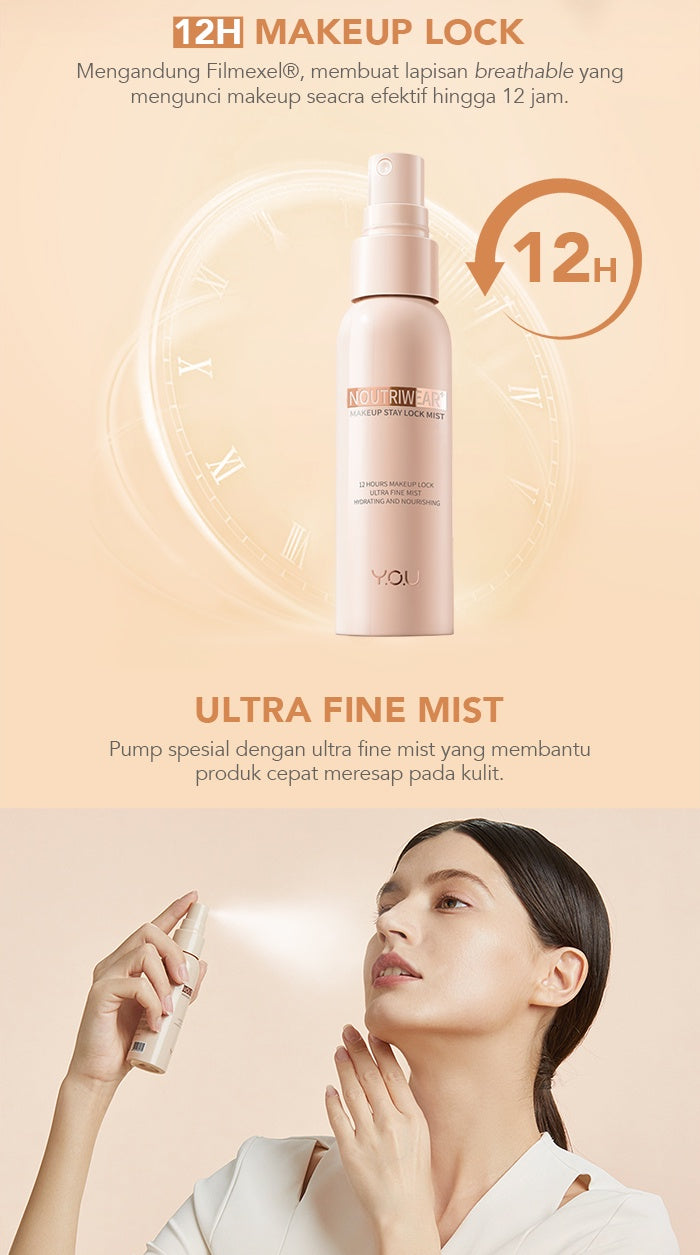 YOU NoutriWear+ Makeup Stay Lock Mist Setting Spray Oil Control Hydrating & Nourishing Tahan Lama Hingga 12 Jam Makeup Lock Kosmetik Mist