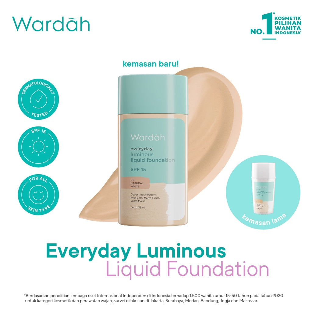 WARDAH Everyday Luminous Liquid Foundation - Alas Bedak Cair Dengan Hasil Matte Natural dan Mengandung SPF 15 - Melembabkan dan Nyaman Digunakan - Makeup