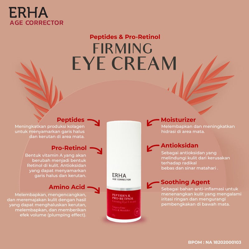 ERHA Age Corrector Peptides & Pro-Retinol Firming Eye Cream 15g - Krim Mata Anti Aging | Menyamarkan Garis Halus Keriput Kerutan Kantong Mata | Mencerahkan Mata Panda | Retinol
