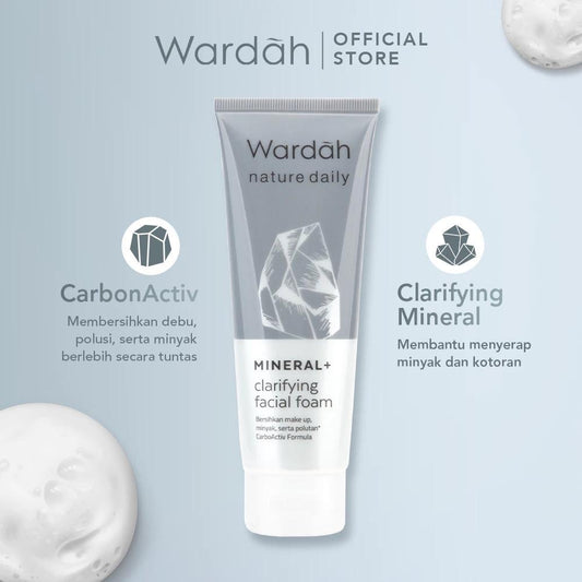 Wardah Nature Daily Mineral+ Clarifying Facial Foam 75ml - Cleanses Makeup Oil & Pollution with Olive Ingredients & Carbon Activ Formula