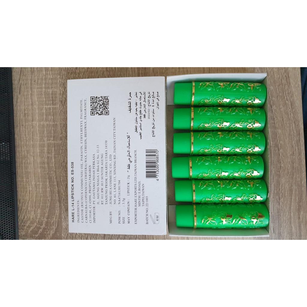 Hare Arab BPOM Resmi Lipstick Hijau Ajaib L-14, Natural Pink Finish, Non-Drying, Long-Lasting, Safe for Lips, Elegant Green Shade, 1pcs