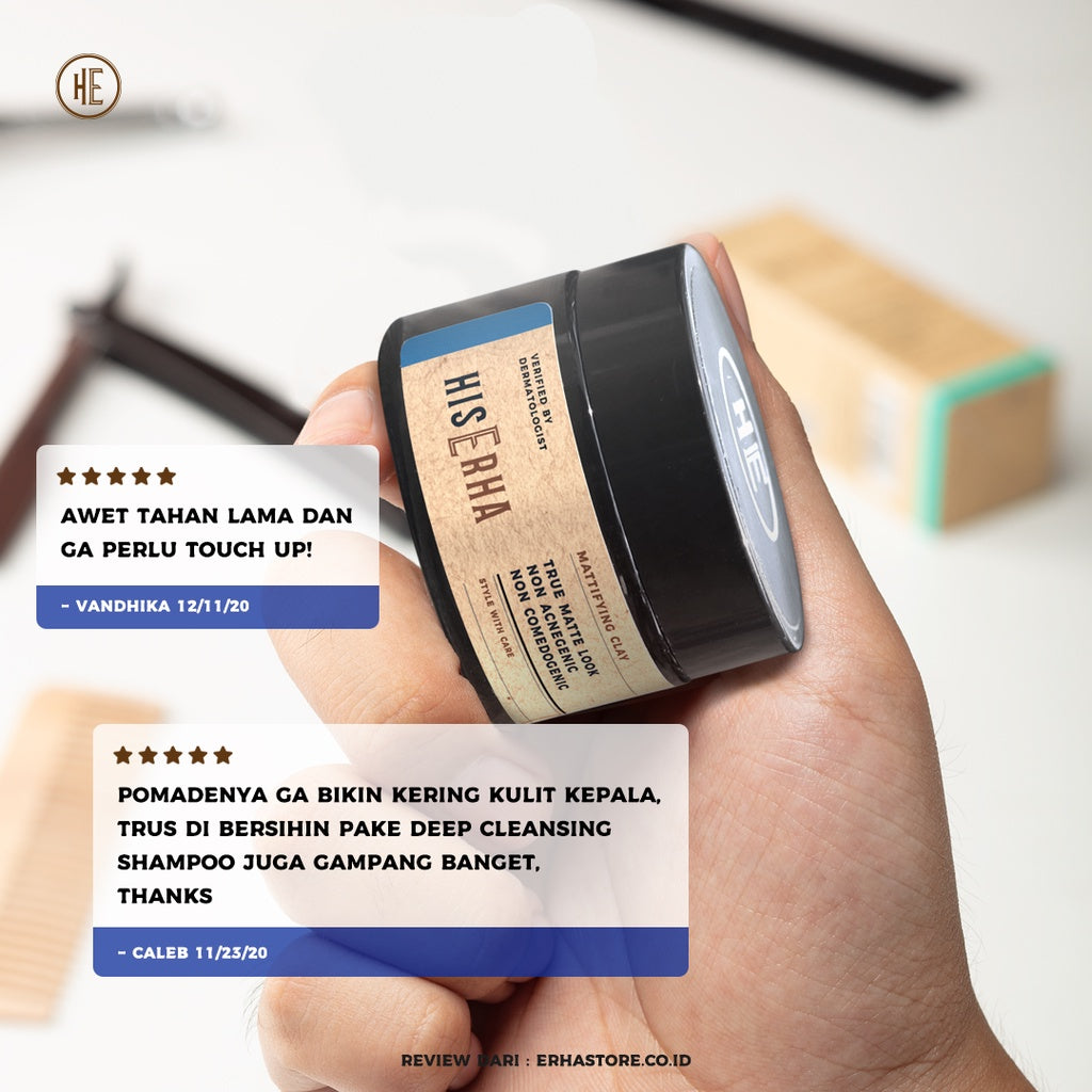 HIS ERHA Mattifying Clay 35g - Hair Styling Pria Untuk Hasil Matte, Bertekstur, Strong Hold, Aman & Tidak Menyebabkan Jerawat & Komedo, Wangi Segar Maskulin, Verified by Dermatologist, Bentone, Jojoba Oil, Argan Oil, Promois, Phytenso