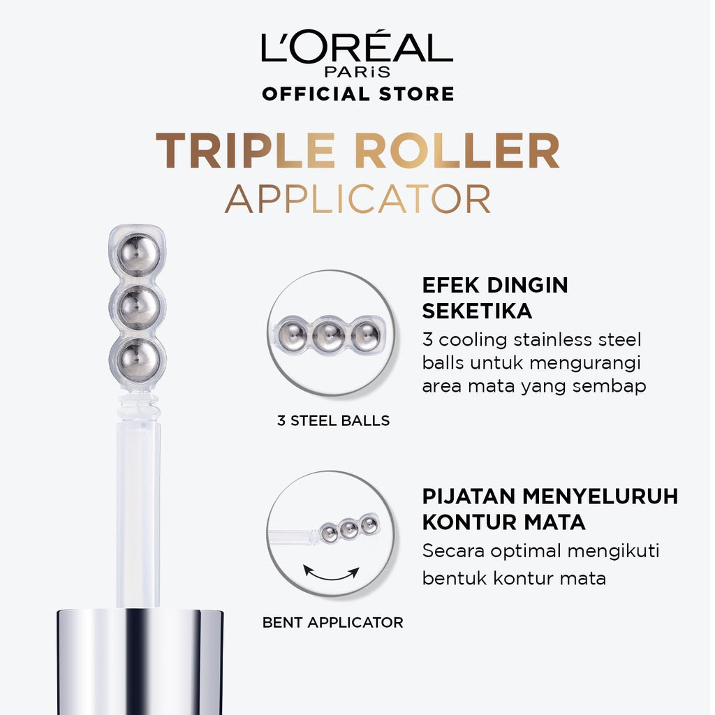 BARU! L'Oreal Paris Triple Roller 2.5% Hyaluron + Caffein Eye Serum Skincare - 20ml (Eye Serum dengan Instant Cooling Effect untuk menyamarkan garis halus dalam 2 minggu)