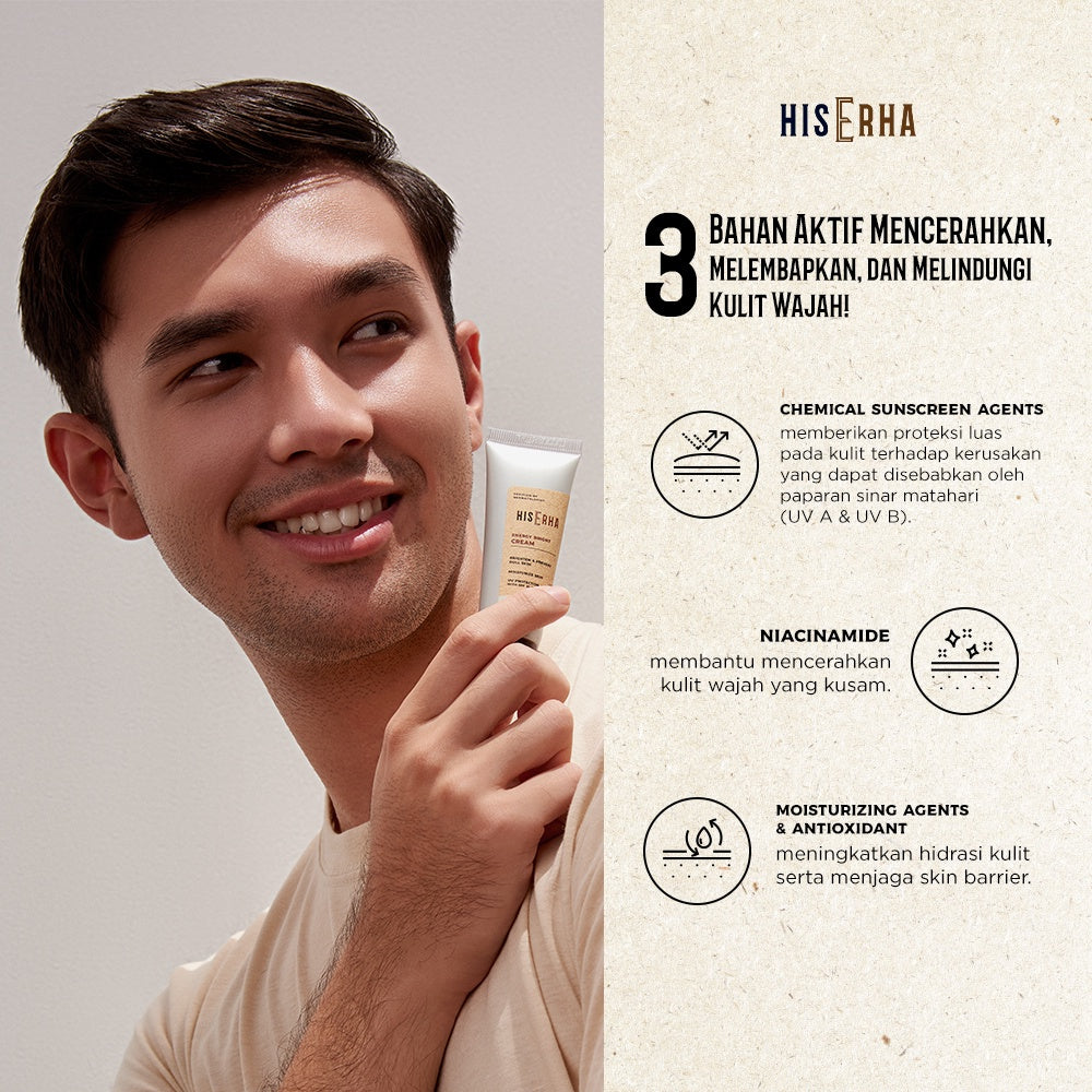 His Erha Energy Bright Cream 20g – Sunscreen Pelembap Wajah Pria untuk Mencerahkan Wajah Kusam, SPF 30/PA+++, Terlindungi dari Sinar UV, Verified by Dermatologist, Niacinamide, Moisturizing Agent, Anti Pollutant